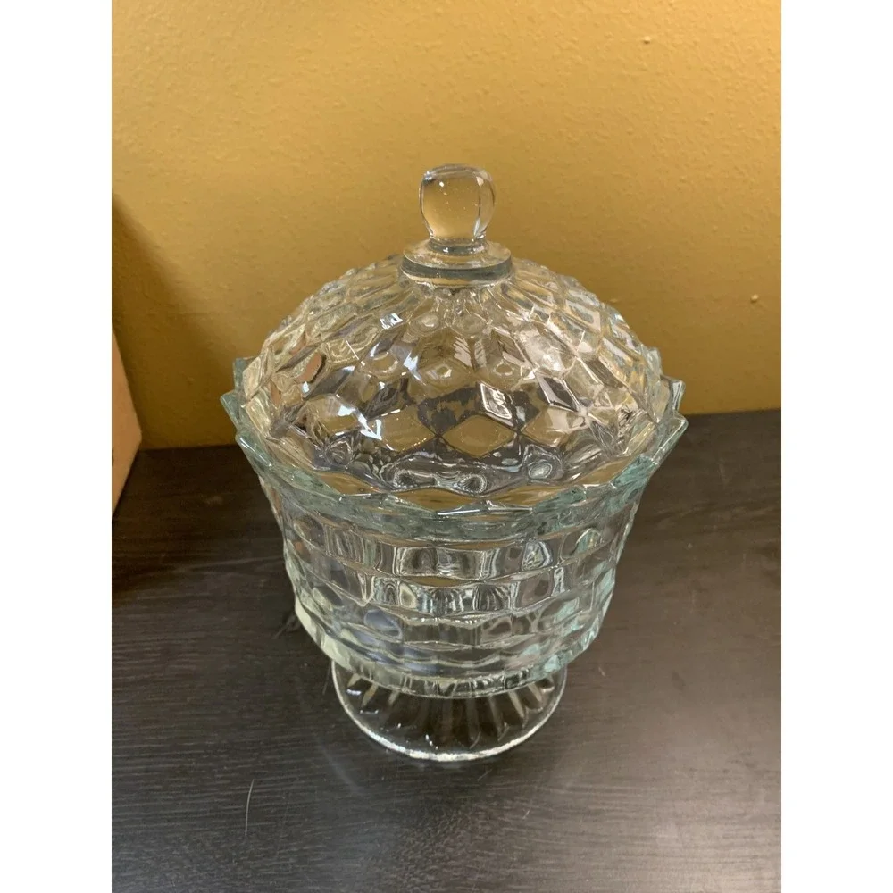 Vintage Homco Lady Love Compote Clear Glass Covered Candy‎ Dish 8